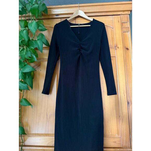 Zara Ottoman Knit Dress V Neck Ruched Front SZ XL - Picture 2 of 14